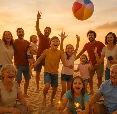 A large multi-generational family celebrating together on the beach at sunset, with kids holding sparklers, adults tossing a