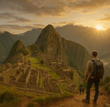Backpackers overlooking Machu Picchu at sunrise, with misty Andes mountains and terraced ruins glowing in golden morning ligh