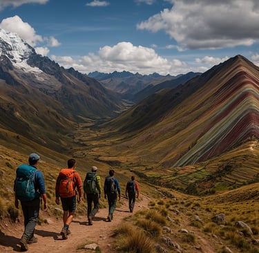 Backpackers hiking along a trail in the Peruvian Andes with Rainbow Mountain and a snow-capped peak in the background under d