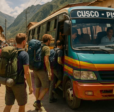 Backpackers boarding a colorful Cusco–Pisac colectivo bus in a small Andean town with local vendors and mountains in the back