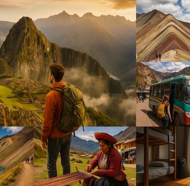 Collage of Peru travel scenes: a hiker at Machu Picchu, colorful Rainbow Mountain, a Cusco–Pisac bus, Laguna 69 lake, a woman