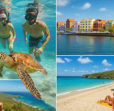 Collage showing top budget-friendly things to do in Curaçao: snorkeling with a sea turtle, colorful Willemstad waterfront, re