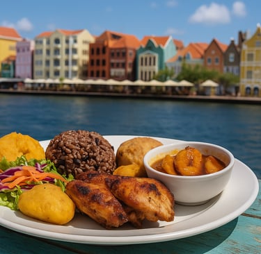 Traditional Caribbean meal with grilled chicken, plantains, rice and beans, and salad served on a plate beside turquoise wate