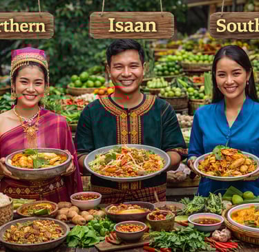 Three Thai vendors at a market present Northern, Isaan, and Southern dishes with fresh produce and regional flavors.