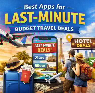 Smartphone showing last-minute flight and hotel deals with a beach, airplane, and backpackers, representing top travel apps.