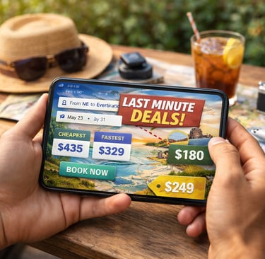 Hands holding a smartphone showing “Last Minute Deals” flight prices
