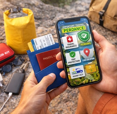 Traveler holding phone with travel insurance app and passport wallet, surrounded by first aid kit power bank and essentials.