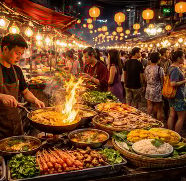 Bangkok night food festival with lanterns, crowds, and a vendor cooking pad thai over an open flame.