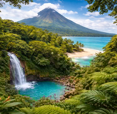 Turquoise waterfall, lush Costa Rican rainforest, Arenal Volcano backdrop, and palm-lined beach under a bright blue sky.
