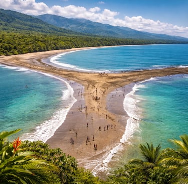 Aerial view of Marino Ballena’s Whale Tail sandbar at low tide, with turquoise water, jungle coastline, and mountains behind.