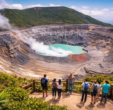 Visitors on an overlook at Poás Volcano National Park, viewing the steaming crater and turquoise acid lake on a clear day.