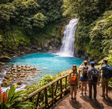 Hikers view Río Celeste waterfall in Tenorio Volcano National Park, with bright blue water, jungle foliage, and misty falls.