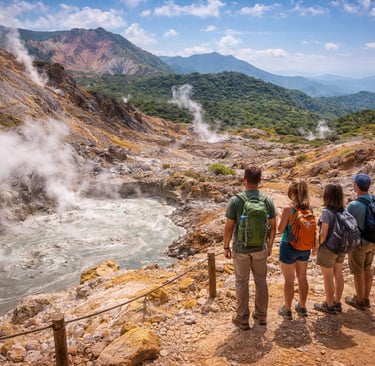 Hikers overlook steaming vents and bubbling mud pools in Rincón de la Vieja, with rugged volcanic terrain and mountains.