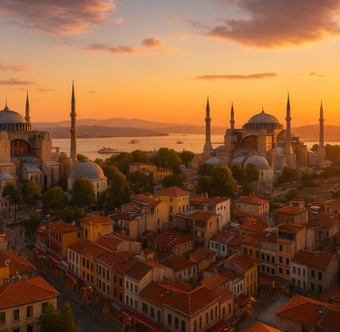 Istanbul at sunset from an elevated viewpoint, featuring the Blue Mosque and Hagia Sophia in golden light, with ferry boats o