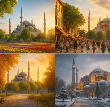 A collage of four seasonal views of Istanbul, showing the Blue Mosque in spring with blooming tulips, vibrant summer crowds i