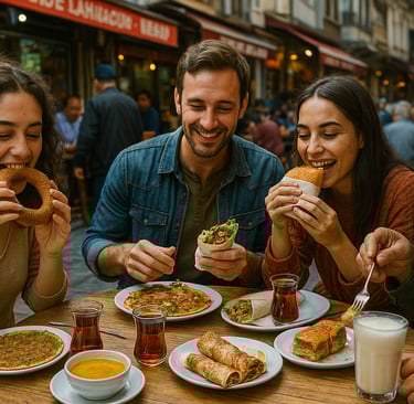 Four people enjoying traditional Turkish street food at an outdoor table in Istanbul, featuring dishes like simit, lahmacun, 