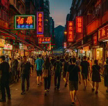 Busy street market in Hong Kong at dusk with neon signs, food stalls, and crowds of people walking between shops, with Victor