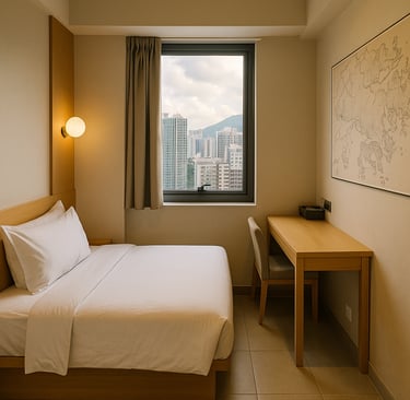 Compact budget hotel room in Hong Kong with a double bed, wooden desk, city view through the window, and a map of Hong Kong o
