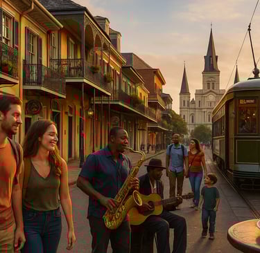 A lively street scene in New Orleans at sunset featuring a couple walking past jazz musicians playing saxophone and guitar, a