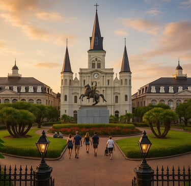 Jackson Square at sunset with St. Louis Cathedral, palm trees, and visitors walking along brick paths.