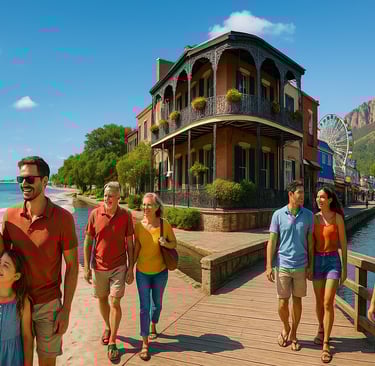 U.S. vacation scenes featuring families and couples enjoying a sunny beach, a New Orleans-style riverfront, a lively boardwal