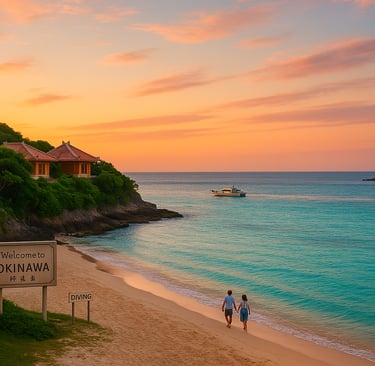 Okinawa beach at sunset with turquoise water, a couple walking on the sand, traditional Ryukyuan houses on a cliff, and a div