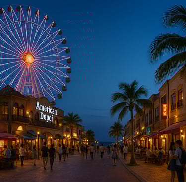 Mihama American Village in Okinawa, featuring the iconic illuminated Ferris wheel, palm-lined pedestrian street, and lively c