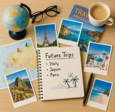 Flat-lay image of a travel planning scene with scattered postcards, a globe, a notebook titled “Future Trips,” a world map, a