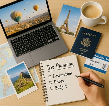 Flat-lay image of a travel planning scene with a notebook labeled “Trip Planning” listing destination, dates, and budget, a h