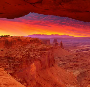 Sunrise view through Mesa Arch in Canyonlands National Park, with glowing red rock cliffs, spires, and a vivid orange and pur