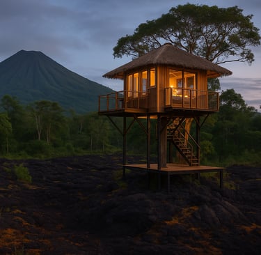 Twilight view of a treehouse built above a lava rock field near an active Hawaiian volcano, surrounded by lush rainforest and