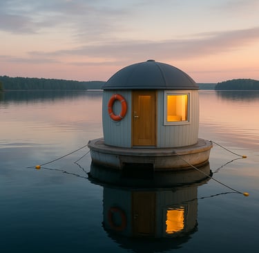 A circular floating sleep pod anchored on a calm lake in Sweden at sunrise, surrounded by mist and still water, offering a pe