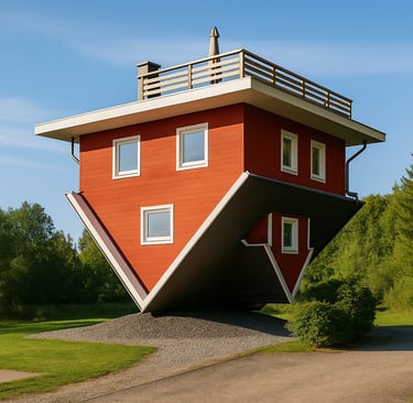 Upside-Down House in Trassenheide, Germany, with the roof on the ground and windows and furniture appearing inverted, surroun