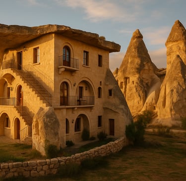  image of a cave hotel built into the rock formations of Cappadocia, Turkey, with stone-carved architecture, desert terrain, 