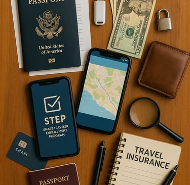 A photo-realistic flat lay of essential pre-trip safety items on a wooden surface. Includes a U.S. passport on top of printed