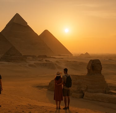 Golden hour view of the Great Pyramids of Giza and Sphinx with travelers watching the sunset — perfect visual for a Cairo and