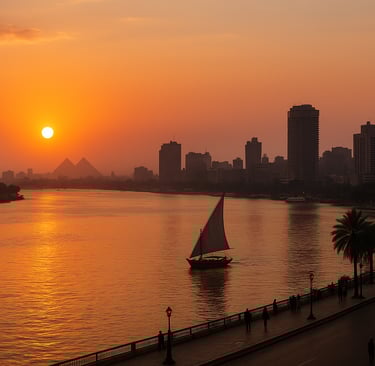 Sunset over Cairo skyline with felucca on the Nile River — perfect visual for a budget travel guide to Cairo, Egypt.