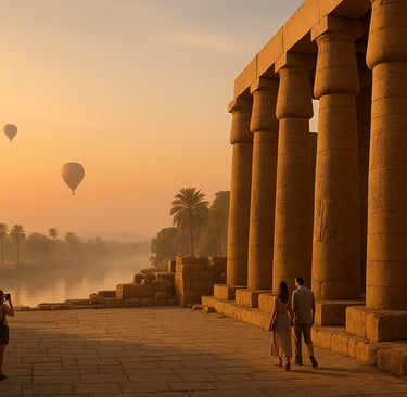 Sunrise view of Karnak Temple and hot air balloons over Luxor, Egypt — perfect visual for a budget travel guide to Luxor’s te