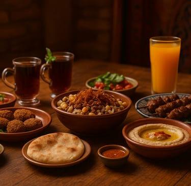 Authentic Egyptian meal with koshari, falafel, hummus, and drinks — perfect visual for a Cairo and Luxor budget travel food g