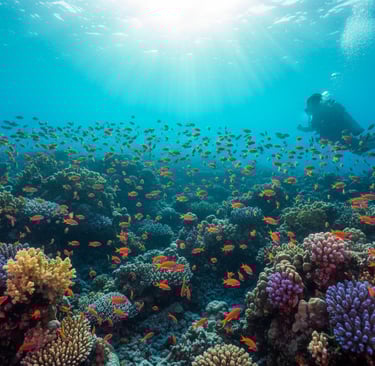 Scuba diver over vibrant Red Sea coral reef as colorful fish swarm in crystal-clear water with sunbeams above.