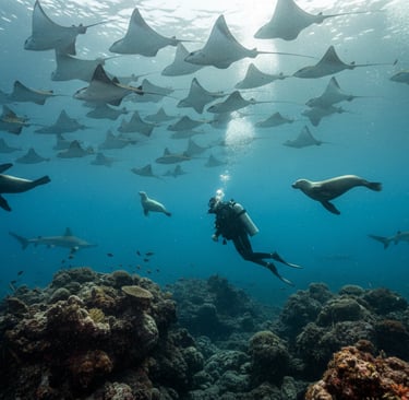 Scuba diver near Galápagos volcanic rocks as sea lions dart past and hammerhead sharks cruise in cool blue water.