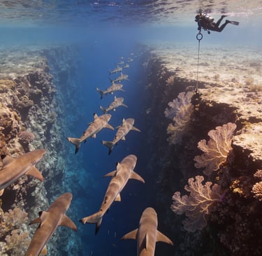 Scuba diver at a Palau channel edge as reef sharks cruise past a dramatic wall in clear deep blue water.