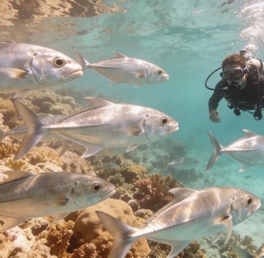 Scuba diver near Sipadan reef as a swirling barracuda tornado forms overhead and sea turtles glide below.