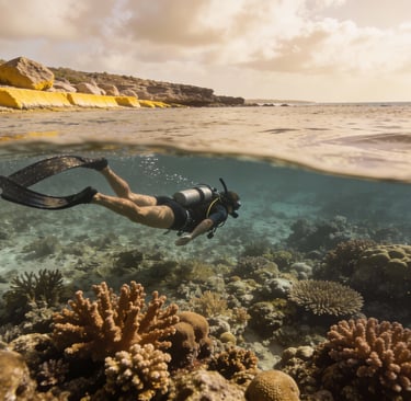 Scuba diver shore diving in Bonaire over a shallow coral reef slope in calm, crystal-clear turquoise water.