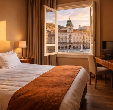 Budget-friendly hotel room with warm sunlight, cozy bed and desk, and an open window view over a European waterfront square