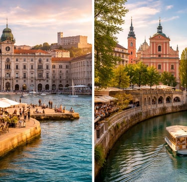 Trieste waterfront piazza and Ljubljana riverfront old town at golden hour, a crowd-free Venice alternative vibe collage