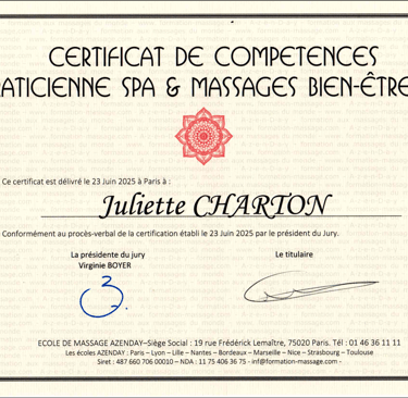 Certificat de compétences – praticienne spa & massages bien-être, Juliette Charton