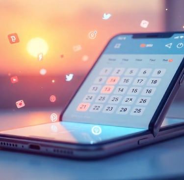 Ilustração-minimalista-calendário-digital-ícones-redes-sociais-flutuando-redor