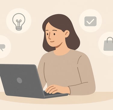 Ilustração-uma-pessoa-trabalhando-computador-com-ícones-ideias