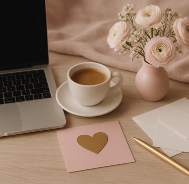 Mesa-aconchegante-notebook-xícara-café-flores-delicadas-elementos-remetem-amor